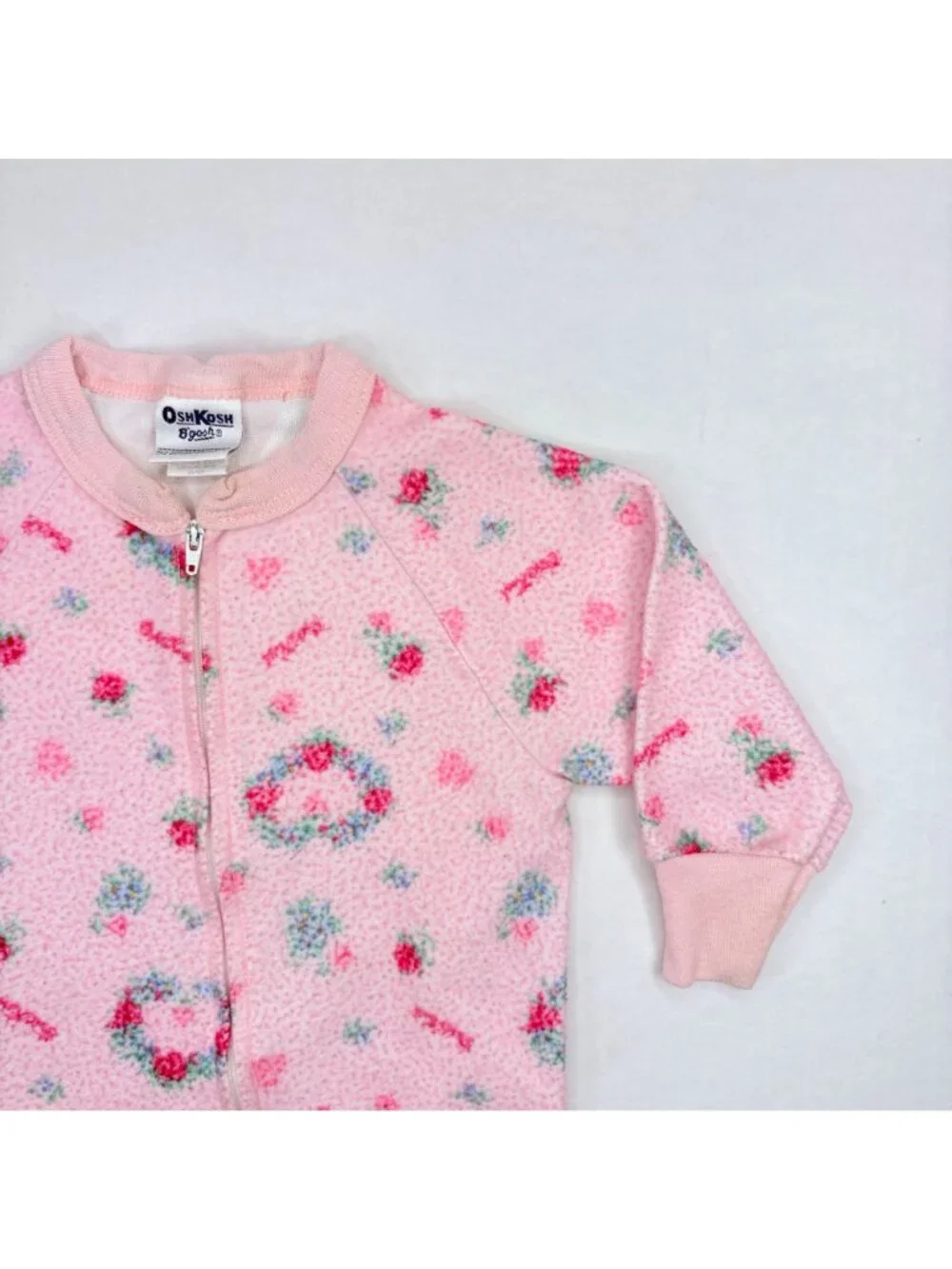 Vintage Oshkosh Girls Heart Floral Fleece One Piece Pajamas Outfit 2T / 18m